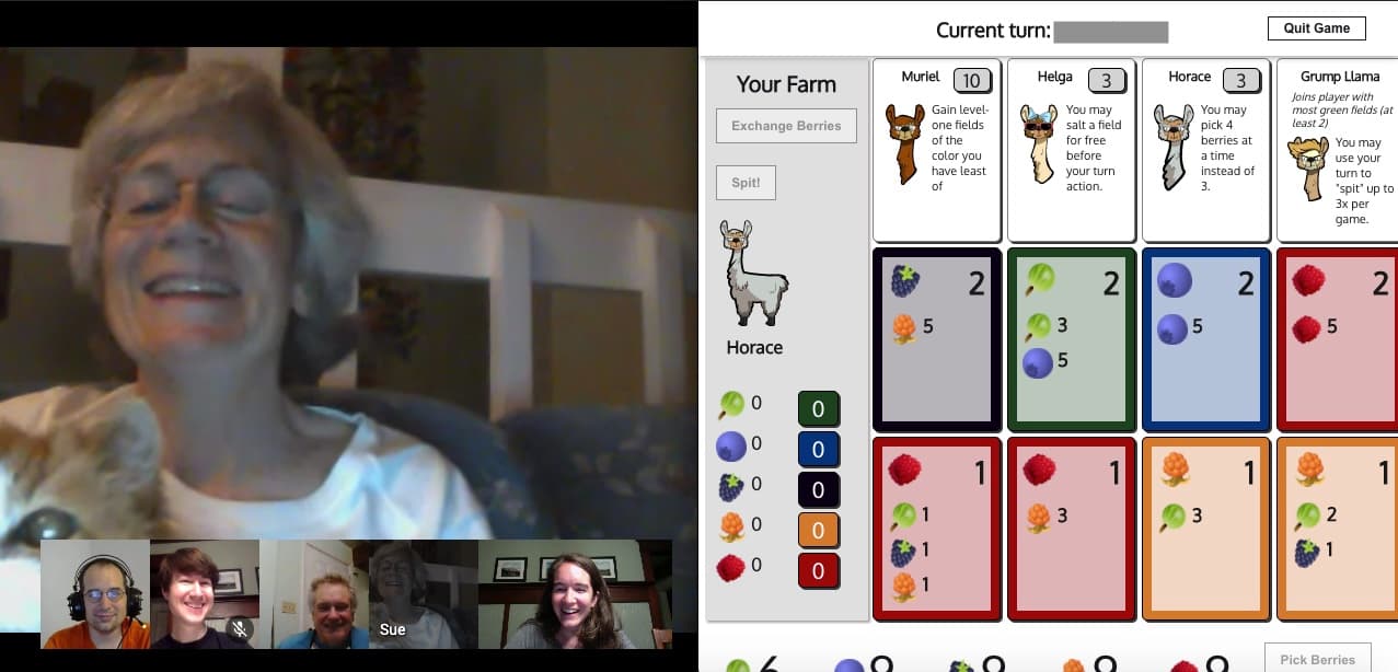 Group of people playing LlamaBerry online strategy board game on a video call